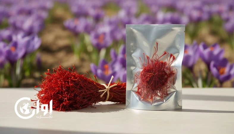 زعفران دسته (دخترپیچ) تربت حیدریه با بسته‌بندی پاکتی و وکیوم مناسب صادرات و خرید عمده