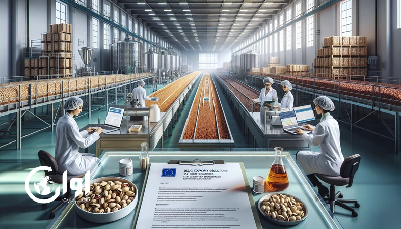 Iranian food processing facility testing nuts and spices for compliance with EU and FDA standards on aflatoxin, pesticides and microbiological safety