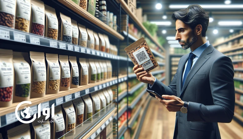 European buyer examining high-quality transparent packaged agri-food product label with focus on quality, purity and supply chain transparency