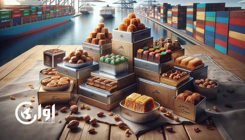 export-ready packaging of Iranian sohan, gaz and baklava with modern metal and cardboard boxes showcasing nuts, quality, and standards for international markets
