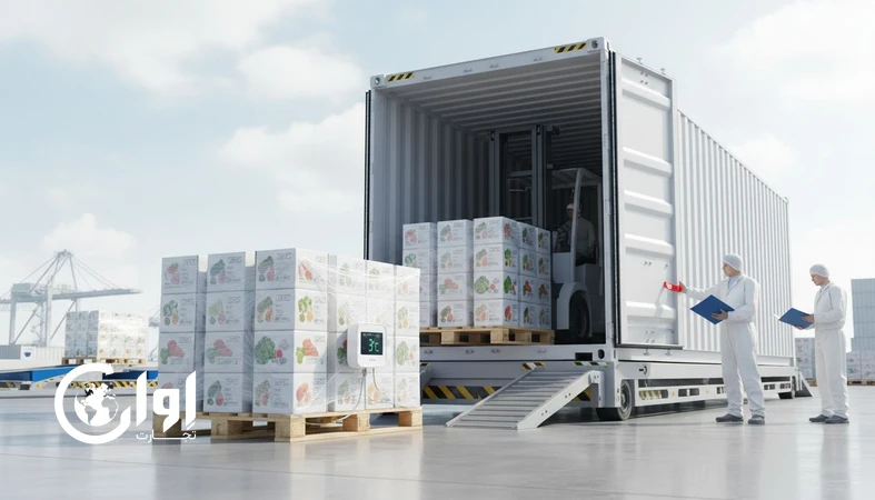 صحنه‌ای واقع‌گرایانه از لجستیک صادرات مواد غذایی با بارگیری کانتینر و پایش دما برای حمل ایمن و اقتصادی_اوان تجارت