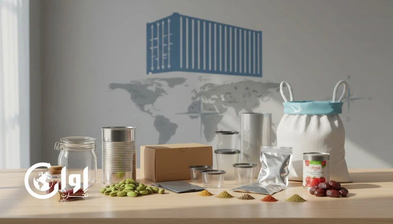 چیدمان متریال بسته‌بندی غذایی برای صادرات شامل شیشه، فلز، فیلم چندلایه و بسته‌بندی وکیوم در کنار زعفران، پسته و خرما برای انتخاب متریال بر اساس مقصد_اوان تجارت