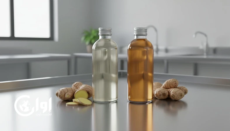عرق زنجبیل صادراتی در بطری شیشه ای شفاف و بطری شیشه ای کهربایی روی میز کنترل کیفیت همراه با ریشه زنجبیل