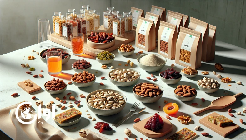 نمای چیدمان اسنک سالم، وگان و کلین‌لیبل ایرانی شامل پسته، خرما، تریل‌میکس و نوشیدنی زعفرانی برای بازارهای آمریکا و استرالیا_اوان تجارت