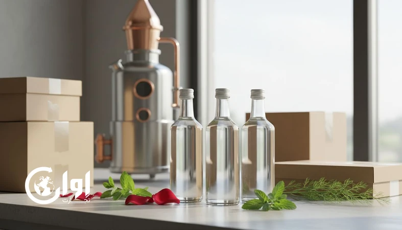 نمایی حرفه‌ای از عرقیات گیاهی در بطری‌های شیشه‌ای به‌همراه تجهیزات تقطیر و بسته‌بندی صادراتی برای خرید عمده و صادرات عرقیات گیاهی