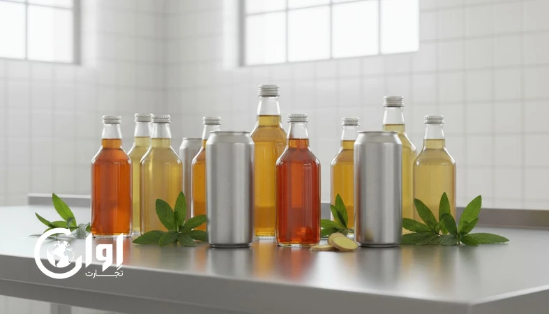 تصویر بسته‌بندی‌های صادراتی نوشیدنی گیاهی (بطری و قوطی) با گیاهان معطر؛ مناسب برای خرید عمده و صادرات نوشیدنی گیاهی_اوان تجارت