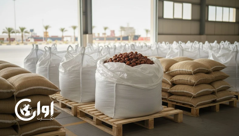 خرمای ربی هرمزگان فله در بسته‌بندی کیسه و گونی صادراتی روی پالت برای تأمین عمده و صادرات