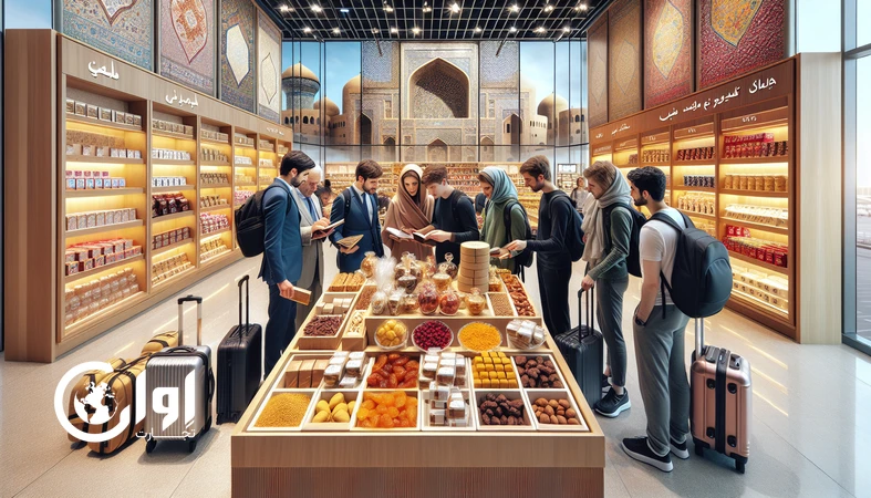 نمایی از سوغات خوراکی ایران از زعفران و گز تا سوهان و باقلوا در فروشگاه فرودگاهی با بسته‌بندی استاندارد، مرتبط با نقش سوغات خوراکی در گردشگری غذایی ایران