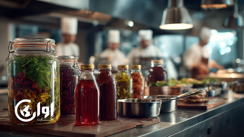 چاشنی‌های اصیل ایرانی در بسته‌بندی صنعتی مناسب HoReCa شامل ترشی مخلوط، سیرترشی، سس رب انار و رب آلوچه روی کانتر یک آشپزخانه رستورانی مدرن