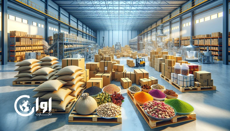 Iranian food ingredients such as saffron, pistachios, raisins, sesame and herbs prepared with export packaging in a modern warehouse representing their role in the global food supply chain