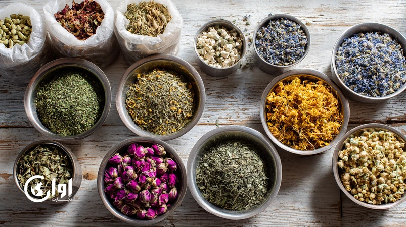 assortment of Iranian herbal teas with borage, mint, chamomile and rose prepared in export packaging for health and wellness markets_اوان تجارت