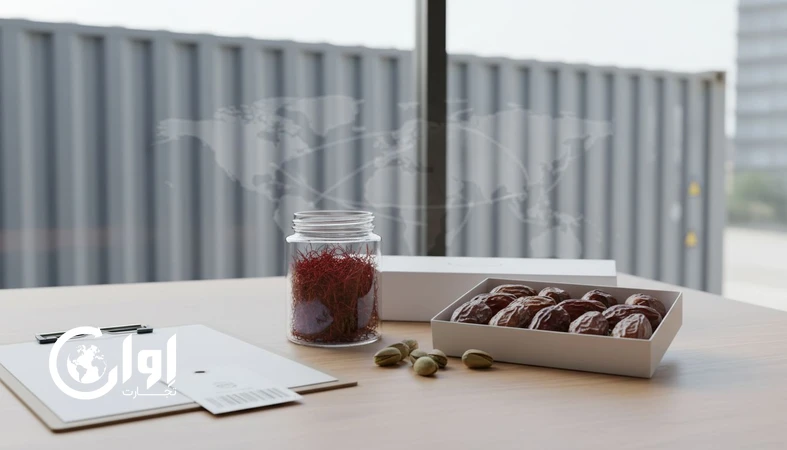 تصویر مفهومی تبدیل محصول بومی ایران به برند پریمیوم جهانی با تأکید بر کیفیت، بسته‌بندی صادراتی و ردیابی