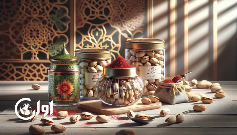 بسته‌بندی پریمیوم پسته و زعفران ایرانی برای صادرات به بازار لوکس آمریکا روی میز چوبی با طراحی مدرن