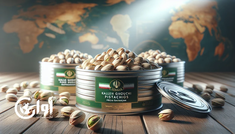 پسته کله‌قوچی رفسنجان در بسته‌بندی فلزی قوطی صادراتی، چیدمان حرفه‌ای برای بازارهای پریمیوم و خرده‌فروشی