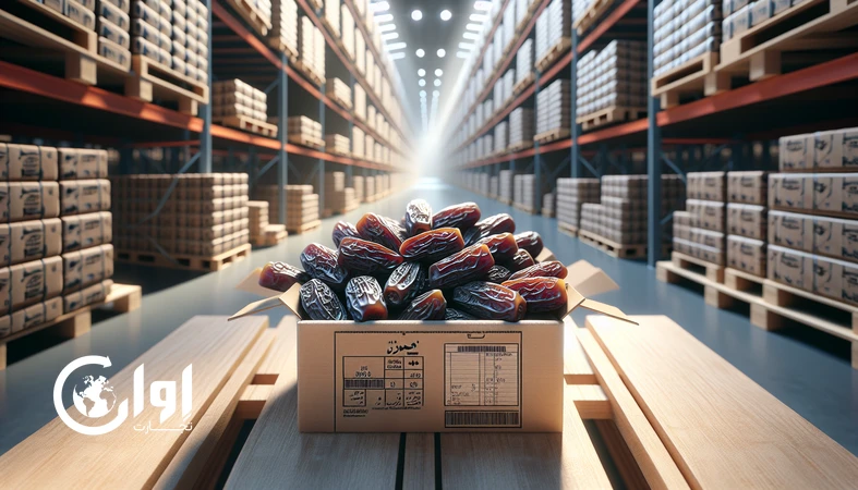 خرمای ربی کرمان در کارتن مقوایی صادراتی، چیدمان‌شده روی پالت برای حمل بین‌المللی با تمرکز بر کیفیت و بسته‌بندی B2B