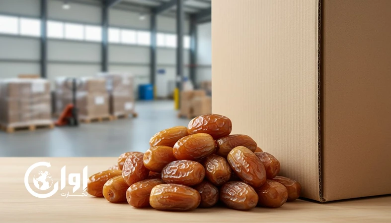 خرمای زاهدی خوزستان در کنار کارتن مقوایی صادراتی خرما برای تأمین عمده و Private Label_اوان تجارت