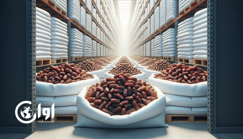 خرمای کبکاب خوزستان فله در کیسه و گونی پلی‌پروپیلن با لاینر داخلی، آماده صادرات برای صنایع غذایی و بسته‌بندی مجدد