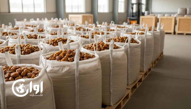 خرمای زاهدی خوزستان فله در کیسه و گونی صادراتی روی پالت برای تامین عمده و صادرات خرمای زاهدی