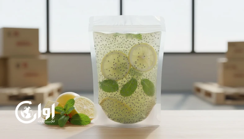 نوشیدنی تخم شربتی لیمو نعنا در بسته بندی پاکت وکیوم برای صادرات با نمایش دانه‌های یکنواخت و عناصر لیمو و نعنا_اوان تجارت