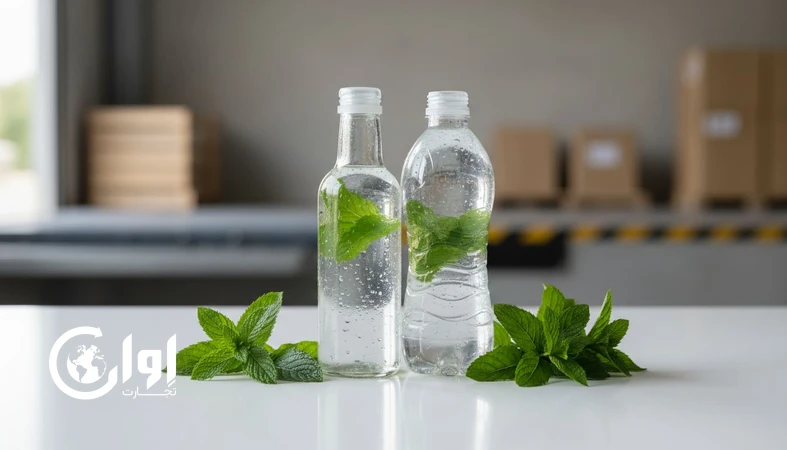 عرق نعنا بسته بندی بطری و شیشه برای صادرات B2B با نمایش بطری شیشه ای و بطری غذایی کنار برگ نعنا تازه