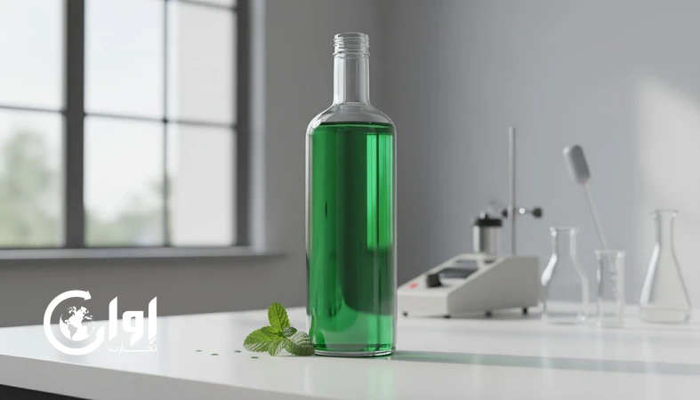 بطری شیشه ای شربت نعنا با رنگ شفاف روی میز کنترل کیفیت برای صادرات و خرید عمده_اوان تجارت