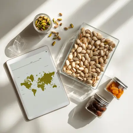 چیدمان مینیمال بسته‌بندی پسته و خشکبار در کنار تبلت نقشه جهانی؛ نمایش رویکرد صادراتی اوان تجارت