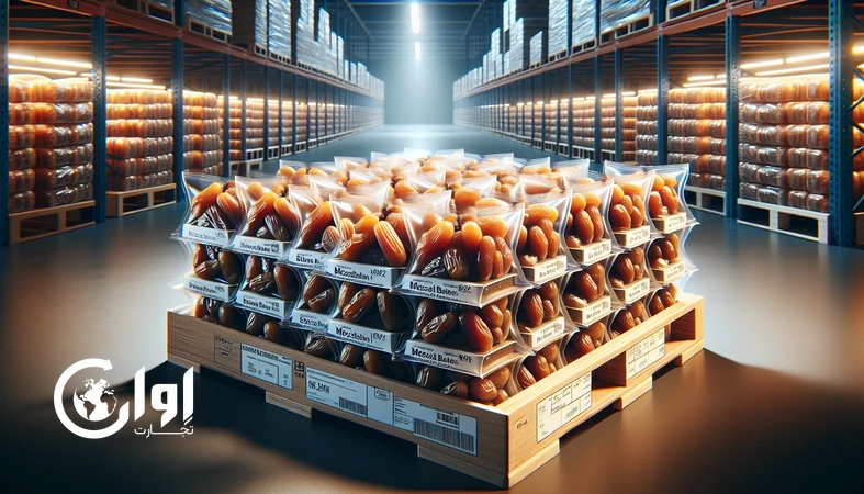 خرمای مضافتی سیستان و بلوچستان در پاکت وکیوم چندلایه آماده صادرات، چیدمان شده در کارتن و پالت برای بازارهای بین‌المللی