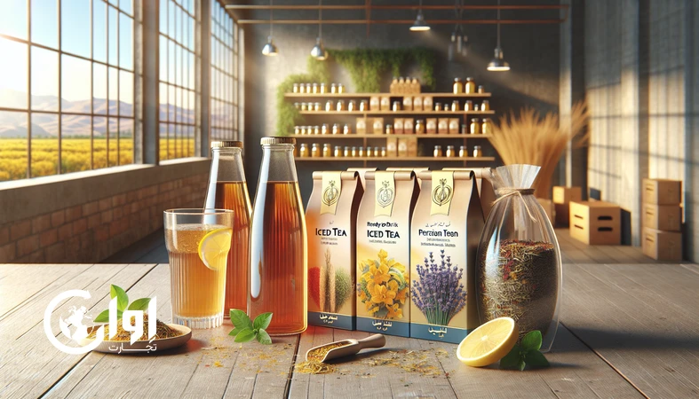 نمایی از نوشیدنی‌های طبیعی ایرانی شامل آیس تی، دمنوش گیاهی و نوشیدنی زعفرانی پریمیوم برای صادرات در سال ۲۰۲۵