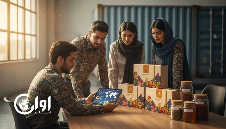 تصویر واقع‌گرای تیم جوان صادرات در حال بررسی داشبورد داده و نمونه‌های بسته‌بندی صادراتی؛ مرتبط با تکنولوژی، برندینگ و رهگیری محصول در صادرات غذایی