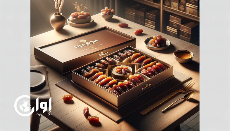 خرمای پیارم بوشهر با بسته‌بندی پریمیوم و کادویی روی میز چوبی، آماده صادرات توسط اوان تجارت