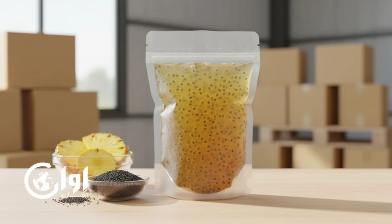 نوشیدنی تخم شربتی با طعم آناناس در بسته بندی پاکت وکیوم مناسب صادرات و عمده فروشی_اوان تجارت