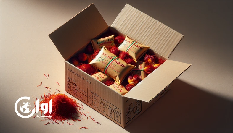 بسته زعفران دسته دخترپیچ قائنات در کارتن مقوایی صادراتی، مناسب خرید عمده و تأمین B2B