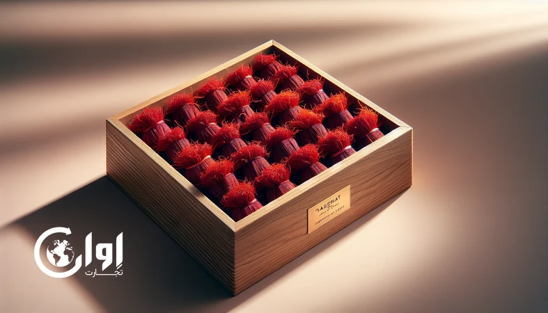 زعفران دسته دخترپیچ قائنات در جعبه چوبی صادراتی پریمیوم، مناسب بازارهای هدیه B2B و Private Label زعفران