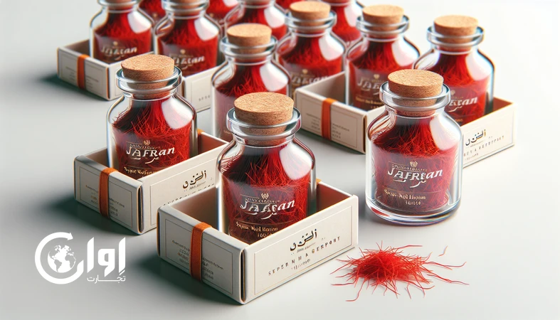بسته‌بندی زعفران سوپر نگین قائنات در بطری شیشه‌ای پریمیوم برای صادرات و برندهای خصوصی_اوان تجارت