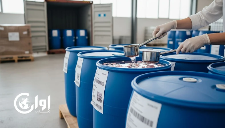 کنترل کیفیت گلاب قمصر کاشان فله قبل از بارگیری درام و بشکه برای صادرات عمده_اوان تجارت