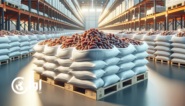 خرمای ربی سیستان و بلوچستان در کیسه و گونی فله صادراتی چیده‌شده روی پالت، مناسب برای خرید عمده و صادرات B2B_اوان تجارت