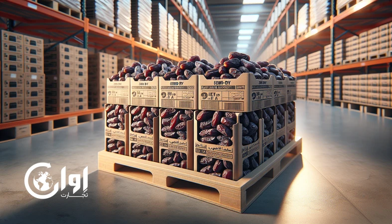 خرمای ربی سیستان و بلوچستان در بسته‌بندی کارتن مقوایی صادراتی روی پالت، مناسب برای صادرات خرمای ایران