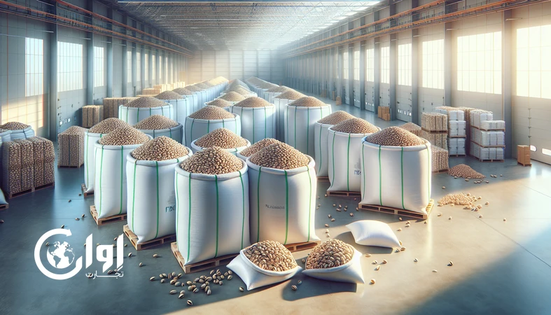 پسته فندقی رفسنجان در کیسه‌ های جامبوبگ فله‌ای آماده صادرات حجیم با بسته بندی FIBC