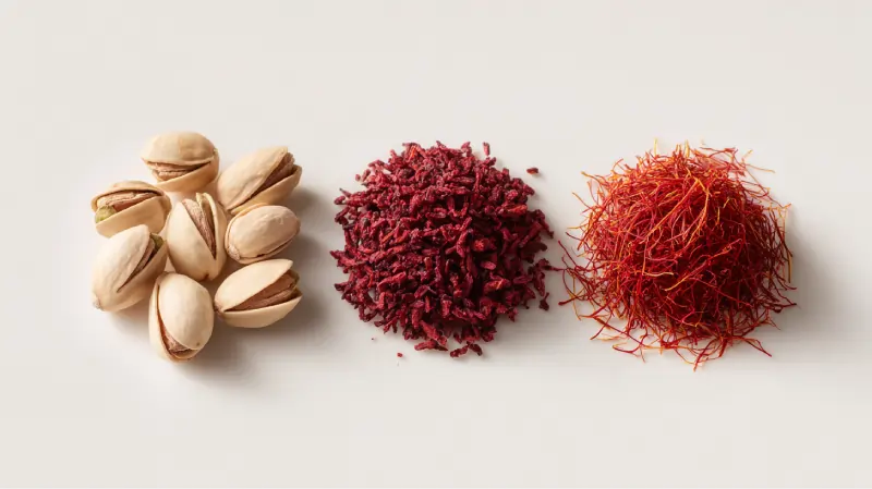 عکس روی پس‌زمینه سفید تمیز، شامل یک ترکیب متعادل از پسته خندان زرند، مقدار کمی رشته‌های زعفران و یک توده کوچک از زرشک خشک دانه‌درشت._اوان تجارت