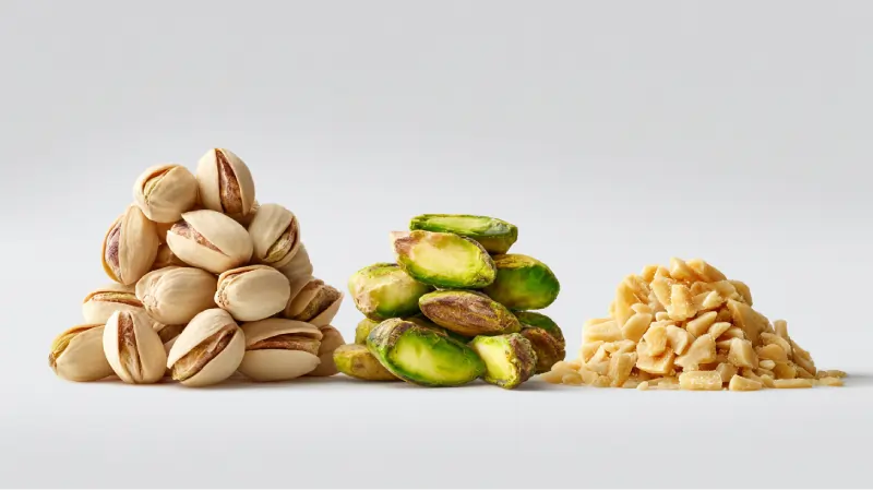 عکس کلوزآپ فوق‌واقعی و مینیمال روی زمینه سفید، نمایش‌دهنده سه شکل فرآوری‌شده پسته رفسنجان
