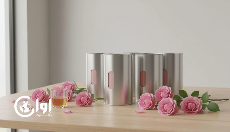 شربت گلاب بسته بندی قوطی کنسرو برای صادرات عمده، همراه با گل محمدی و نمای محصول_اوان تجارت