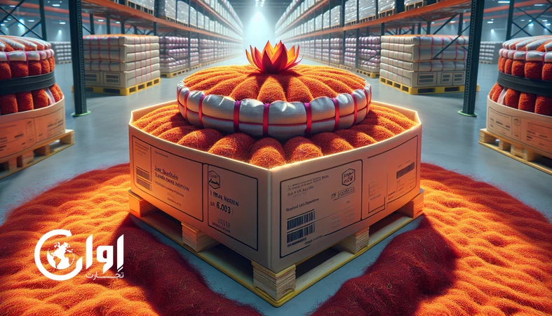 زعفران سوپر نگین قائنات در بسته‌بندی صادراتی عایق دما روی پالت، مناسب حمل‌ونقل بین‌المللی و حفظ کیفیت عطر و رنگ