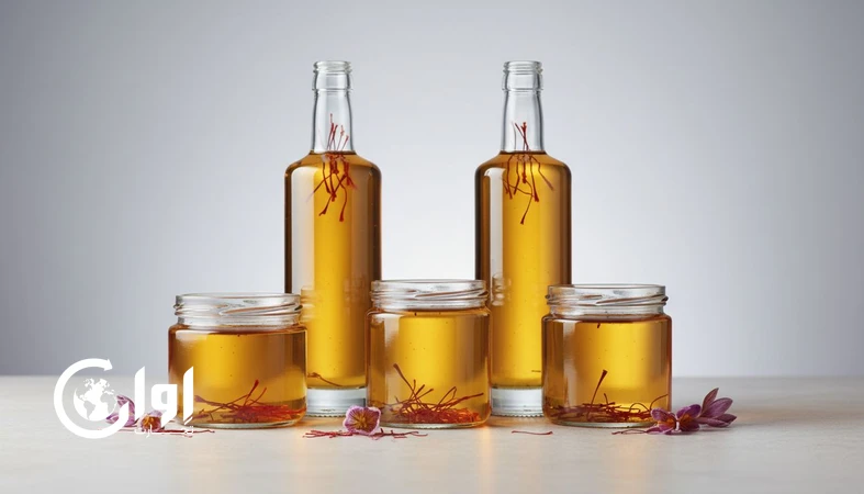 شربت زعفران بسته بندی بطری و شیشه با رنگ طبیعی و ظاهر پریمیوم مناسب صادرات و پرایوت لیبل