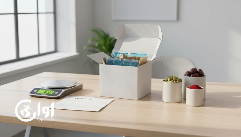 چیدمان حرفه‌ای ارسال نمونه صادراتی با جعبه عایق، یخ ژلی، ترازوی وزن‌کشی و اقلام بسته‌بندی برای کنترل هزینه ارسال نمونه