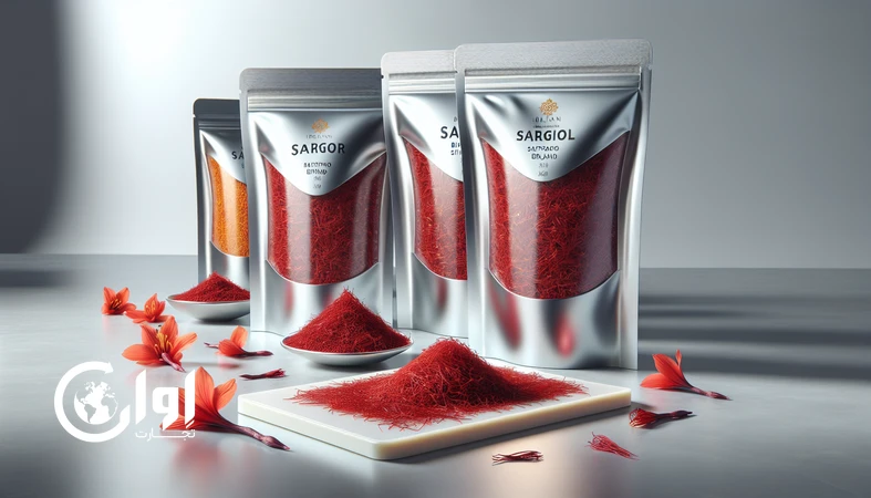 زعفران سرگل بیرجند در کنار پاکت وکیوم چندلایه مخصوص صادرات با تمرکز بر رنگ قرمز رشته‌ها و بسته‌بندی حرفه‌ای B2B_اوان تجارت