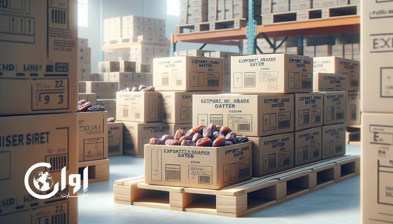 بسته‌بندی کارتن مقوایی صادراتی خرمای سایر خوزستان روی پالت در انبار، مناسب برای خرید عمده و ری‌پک_اوان تجارت