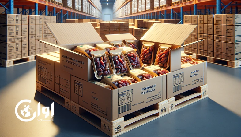 خرمای شاهانی فارس با بسته‌بندی کارتن مقوایی صادراتی روی پالت، مناسب خرید عمده و پروژه‌های Private Label خرما_اوان تجارت
