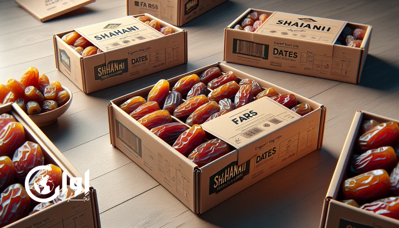 خرمای شاهانی فارس در جعبه مقوایی صادراتی با چیدمان منظم و بسته‌بندی شلف‌ردی برای خرده‌فروشی