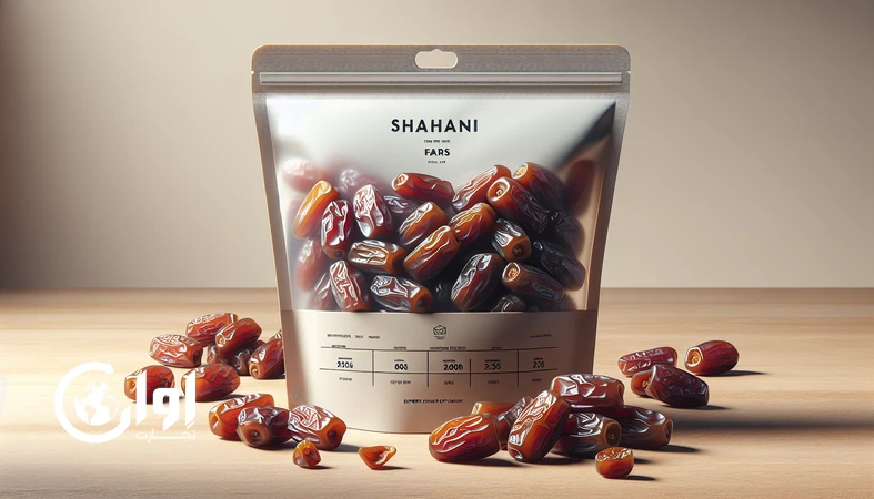 خرمای شاهانی فارس در پاکت وکیوم صادراتی با چیدمان حرفه‌ای روی میز چوبی، مناسب صادرات و برندینگ پریمیوم