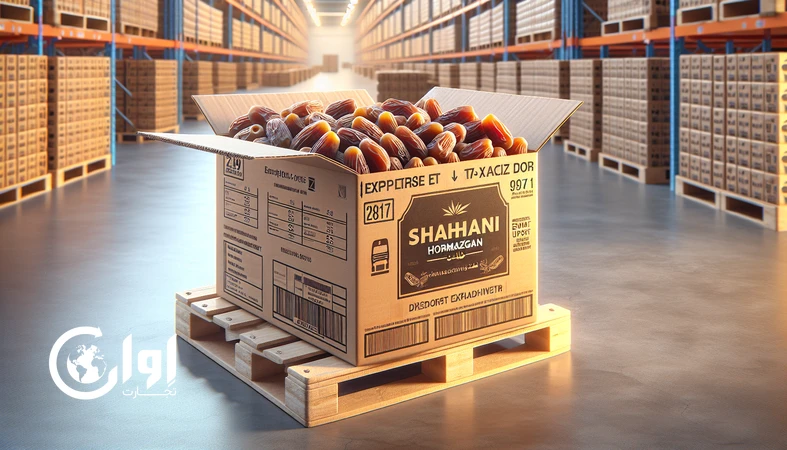 خرمای شاهانی هرمزگان صادراتی بسته‌بندی شده در کارتن مقوایی روی پالت با چیدمان مناسب برای حمل کانتینری_اوان تجارت